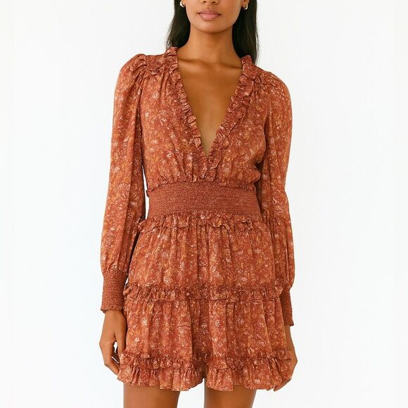 House of Harlow Wallis Rust Floral Print Tiered Ruffle Smocked Mini Dress M NWT - Picture 1 of 11